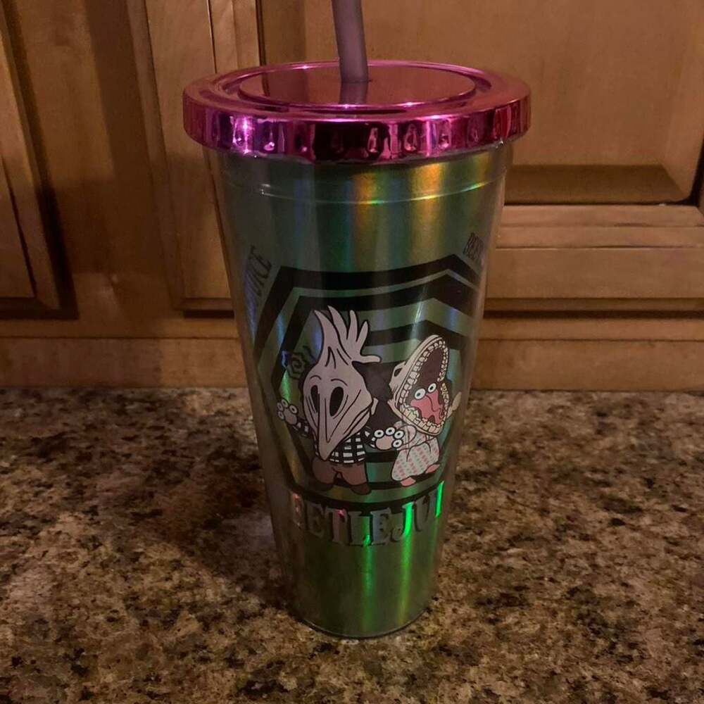 Beetlejuice Character Graphic Tumbler with Pink Metallic Lid and Straw